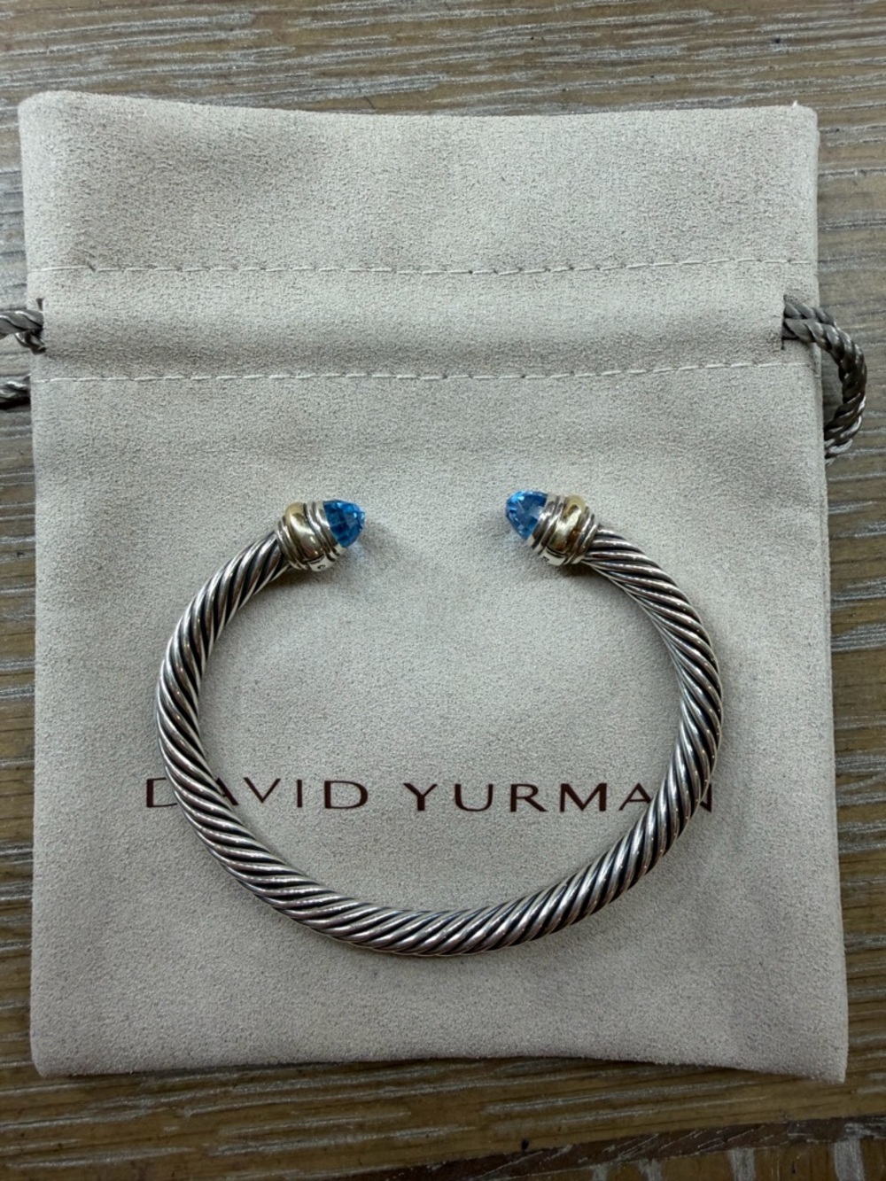 David Yurman 5mm Cable Classic Bracelet Blue Topaz and 14k Gold size medium